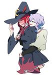  commentary_request croix_meridies cuddling dress glasses hat lavender_hair little_witch_academia long_dress long_hair luo. moon_shape multiple_girls open_mouth purple_hair red_eyes red_hair shiny_chariot short_hair simple_background smile spoilers ursula_charistes wand white_background witch witch_hat yuri 