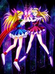  2girls akazukin_chacha blonde_hair dark_persona dark_princess eyes_closed female floating_hair green_eyes levitation long_hair looking_at_another magical_princess multiple_girls open_eyes open_mouth 