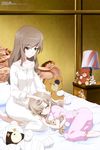  absurdres bandages barefoot bedroom brown_eyes brown_hair collarbone dress eyebrows_visible_through_hair full_body girls_und_panzer hair_ornament highres indoors long_dress long_hair lying megami mother_and_daughter multiple_girls official_art on_side pajamas pants pink_pants pink_shirt shimada_arisu shimada_chiyo shirt sitting sleeping smile stuffed_animal stuffed_toy tanaka_katsunori teddy_bear white_dress 