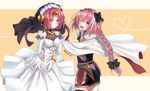  1girl ;d astolfo_(fate) bare_shoulders black_bow blue_eyes blush bow braid cape dress elbow_gloves fang fate/apocrypha fate_(series) frankenstein's_monster_(fate) gloves hair_bow hair_intakes hair_over_eyes heterochromia highres horn long_hair looking_at_viewer multicolored_hair one_eye_closed open_mouth otoko_no_ko pink_eyes pink_hair short_hair skirt smile streaked_hair tanaji thighhighs twitter_username v-shaped_eyebrows veil very_long_hair white_dress white_gloves yellow_eyes 