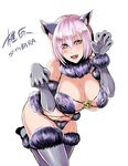  :d animal_ears blush breasts cleavage commentary_request dangerous_beast elbow_gloves fate/grand_order fate_(series) fur_trim gloves grey_gloves grey_legwear hair_between_eyes halloween_costume large_breasts lavender_hair leaning_forward looking_at_viewer mash_kyrielight o-ring o-ring_top open_mouth paw_pose purple_eyes revealing_clothes shibusun short_hair smile solo thighhighs wolf_ears 