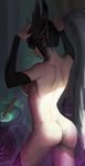  ass back bare_back breasts from_behind grey_hair helmet league_of_legends nude ponytail purple_eyes sideboob syndra 