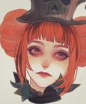  1girl bangs black_hat blunt_bangs closed_mouth commentary_request copyright_request double_bun eyelashes eyes_closed grey_background hat head_tilt highres lipstick makeup murasaki_(fioletovyy) pale_skin portrait red_hair red_lipstick short_hair signature solo 
