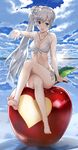  apple arm_support barefoot bikini blue_eyes cloud crossed_legs day earrings food front-tie_top fruit horizon jewelry long_hair looking_at_viewer minigirl mutsumi_masato open_mouth outstretched_arm oversized_object pendant reflection rwby scar scar_across_eye side-tie_bikini side_ponytail sitting sky soles solo sun swimsuit very_long_hair weiss_schnee white_bikini white_hair 