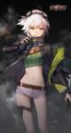  artist_name crop_top eiyuu_densetsu explosive expressionless fie_claussell goggles goggles_on_head green_eyes grenade grenade_pin highres holster jacket long_sleeves midriff mouth_hold navel open_clothes open_jacket ribbed_shirt scarf sen_no_kiseki sen_no_kiseki_2 shirt short_hair short_shorts shorts solo swd3e2 thigh_holster weapon white_hair 