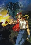  90s adjusting_clothes adjusting_hat denim fatal_fury fingerless_gloves gloves hat highres jacket jeans multiple_boys official_art oobari_masami open_clothes open_jacket outdoors pants ruins serious shirt sleeveless_jacket sunset t-shirt terry_bogard 