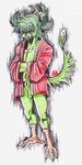  2015 angry animal_genitalia anthro athletic avian balls beak belly biped blue_feathers claws clothing colored_pencil_(artwork) crossed_arms feather_tuft feathers fluffy fluffy_tail frown fully_sheathed green_balls green_beak green_feathers green_hair hair hair_bun hi_res kemono korean korean_text leg_tuft lime_ade long_tail looking_away looking_up male messy_hair mostly_nude navel nevrean open_clothing orange_eyes orange_feathers orange_skin outline robe robe_only ryonggay sheath signature simple_background solo standing tail_feathers talons text traditional_media_(artwork) tuft white_background 
