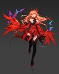  :d ahoge black_legwear detached_sleeves dress full_body gradient gradient_background hair_between_eyes highres long_hair open_mouth original red_dress red_eyes reflective_floor simple_background smile solo swd3e2 thighhighs turtleneck_dress wide_sleeves 