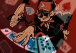 ace_of_spades bill_cipher bow bowtie card crossed_fingers diamond_(shape) eyebrows eyepatch fez_hat formal gambling glasses gravity_falls grin hat highres jack_of_spades joker king_of_spades laughing limited_palette male_focus melon_(melon_cream_soda) necktie old_man one-eyed playing_card poker queen_of_spades red_background red_eyes smile spade_(shape) stanley_pines suit top_hat triangle 