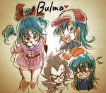  1girl :d :o annoyed armor arms_behind_back baseball_cap belt blue_eyes blue_hair blue_shirt braid bulma character_name dragon_ball dragon_ball_(classic) dragon_ball_z dress earrings eyebrows_visible_through_hair frown hair_ribbon happy hat heart jacket jewelry looking_at_another looking_at_viewer looking_away nervous open_mouth partially_colored pink_dress ribbon shirt short_hair simple_background smile sweatdrop tkgsize vegeta 