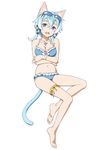  animal_ears barefoot bikini blue_eyes blue_swimsuit breasts cat_ears cat_tail cleavage crossed_arms eyewear_on_head frilled_bikini_bottom frills full_body hair_ribbon halter_top halterneck jewelry light_blue_hair looking_at_viewer medium_breasts navel necklace official_art open_mouth ribbon sidelocks simple_background sinon sinon_(sao-alo) solo sunglasses swimsuit sword_art_online tail thighlet tress_ribbon white_background 