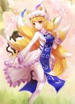  blonde_hair breasts cat_teaser chen chen_(cat) cherry_blossoms dress fox_tail gradient gradient_background grass hat hat_with_ears long_sleeves looking_at_viewer mary_janes medium_breasts miao_miao mob_cap multiple_tails open_mouth petticoat shoes short_hair standing standing_on_one_leg tabard tail tail_grab tassel thighhighs touhou tree white_dress white_legwear yakumo_ran yellow_eyes 