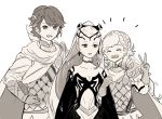  1boy 2girls alfonse_(fire_emblem) arm_hug armor artist_name braid breasts brother_and_sister cape choker cleavage crown_braid dress earrings eir_(fire_emblem) eyes_closed fire_emblem fire_emblem_heroes gloves hair_ornament jewelry long_hair monochrome multiple_girls nintendo open_mouth parted_lips sasaki_(dkenpisss) sharena short_hair siblings simple_background v white_background 