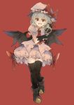  bad_id bad_pixiv_id banned_artist bat_wings black_gloves black_legwear boots bow brooch brown_footwear commentary_request cravat fangs full_body gloves hat hat_ribbon holding_skull jewelry looking_at_viewer miniskirt mob_cap open_mouth puffy_short_sleeves puffy_sleeves red_background red_bow red_eyes red_ribbon remilia_scarlet ribbon short_sleeves silver_hair simple_background skirt skirt_set skull smile solo standing thighhighs touhou wings zairen zettai_ryouiki 