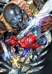  absurdres battle bodysuit city commentary electricity flying from_above fur_collar glowing glowing_eyes highres iron_man marvel mask mechanical_wings midair multiple_boys murata_yuusuke official_art power_armor silk spider-man spider-man:_homecoming spider-man_(series) spider_web superhero taser vulture_(marvel) wings 