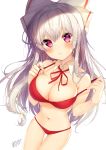  absurdres armpit_crease ass_visible_through_thighs bangs bare_arms bare_shoulders bikini blush bow breasts cleavage closed_mouth commentary_request cowboy_shot detached_collar eyebrows_visible_through_hair fujiwara_no_mokou gluteal_fold hair_bow hair_ribbon hands_up highres large_breasts long_hair looking_at_viewer navel neck_ribbon nenobi_(nenorium) pink_eyes red_bikini red_neckwear ribbon sidelocks signature simple_background solo star stomach strap_pull swimsuit touhou white_background white_bow white_hair white_ribbon 