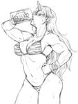  bikini blush breasts cleavage cowboy_shot cup drinking drinking_glass earrings greyscale halter_top halterneck horn hoshiguma_yuugi jewelry large_breasts long_hair monochrome muscle muscular_female navel pointy_ears simple_background solo star stomach sweat swimsuit touhou tsurui white_background 