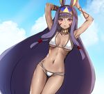  bad_id bad_pixiv_id bangs banned_artist bikini blue_sky blunt_bangs breasts cleavage dark_skin day earrings facial_mark fate/grand_order fate_(series) hairband halter_top halterneck highres hoop_earrings jewelry long_hair looking_at_viewer medium_breasts navel nitocris_(fate/grand_order) outdoors purple_eyes purple_hair sidelocks sketch sky solo stomach swimsuit thigh_gap tsukiriran underboob very_long_hair white_bikini 