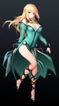  arm_at_side artist_name blonde_hair blue_eyes braid breasts cleavage cleavage_cutout closed_mouth cross-laced_legwear detached_sleeves dress eyebrows_visible_through_hair full_body gradient gradient_background green_dress half_updo highres juliet_sleeves kami_jigen_game_neptune_v large_breasts long_hair long_sleeves looking_at_viewer neptune_(series) pelvic_curtain puffy_sleeves side_slit simple_background smile solo swd3e2 vert 