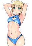  :o ahoge armpits arms_behind_head artoria_pendragon_(all) bare_arms blonde_hair blush breasts cleavage_cutout cowboy_shot eyebrows_visible_through_hair fate/stay_night fate_(series) green_eyes highres looking_at_viewer midriff navel saber simple_background small_breasts solo standing stomach sweat toned tsurui white_background 
