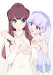  :d bangs blue_eyes bow breast_grab breasts eyebrows_visible_through_hair grabbing hair_bow holding_hands hug hug_from_behind long_hair looking_at_another medium_breasts multiple_girls navel new_game! nude open_mouth out-of-frame_censoring ponytail purple_eyes purple_hair silver_hair smile suzukaze_aoba takimoto_hifumi twintails very_long_hair yitsuse_masami yuri 