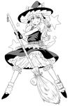  belt bloomers bow broom fingerless_gloves full_body gloves greyscale grin hat hat_bow holding holding_broom kirisame_marisa looking_at_viewer map miniskirt monochrome pouch shoes short_sleeves simple_background skirt skirt_set smile socks solo standing star teeth touhou tsurui underwear vest white_background witch_hat 