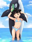  ;d anyannko arm_up armpits bikini black_eyes black_hair blue_bikini blue_sky child cloud commentary day double_bun flat_chest highres inflatable_orca inflatable_toy looking_at_viewer navel one_eye_closed open_mouth original outdoors sky smile solo swimsuit wading water water_drop water_gun 