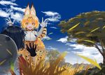  :d animal_ears animal_print backpack bag bangs black_gloves black_hair blonde_hair blue_sky claw_pose cloud cloudy_sky commentary_request day elbow_gloves fangs gloves grass hair_between_eyes hands_up hat hat_around_neck helmet high-waist_skirt kaban_(kemono_friends) kemono_friends looking_at_another luicent multiple_girls open_mouth outdoors pith_helmet red_shirt savannah serval_(kemono_friends) serval_ears serval_tail shirt short_hair short_sleeves skirt sky smile tail tareme teeth yellow_eyes 