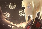  aerial_fireworks alternate_costume asakawa_shinka black_hair blonde_hair blue_eyes blurry blurry_background closed_mouth commentary eyebrows_visible_through_hair fireworks floral_print graf_zeppelin_(kantai_collection) hair_between_eyes highres japanese_clothes kantai_collection kimono multiple_girls night night_sky portrait shaded_face sidelocks sky smile straight_hair twintails yukata 