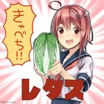  :d ahoge bangs blush brown_eyes cabbage commentary_request doyagao emphasis_lines eyebrows_visible_through_hair food hair_between_eyes hands_up holding holding_food i-58_(kantai_collection) kantai_collection long_hair looking_at_viewer mujun-gatamari neckerchief open_mouth pink_hair school_swimsuit school_uniform serafuku shiden_(sashimi_no_wife) short_sleeves smile smug solo swimsuit swimsuit_under_clothes translated twitter_username upper_body vegetable 