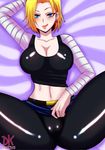 1girl android_18 blonde_hair blush breasts dkstudios05 dragon_ball female looking_at_viewer lying on_back pantyhose patreon short_hair solo spread_legs 