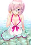  ;p adjusting_eyewear bare_arms bare_legs bare_shoulders barefoot black-framed_eyewear blush breasts cleavage collarbone commentary_request dress emanon123 fate/grand_order fate_(series) glasses hair_over_one_eye highres large_breasts lavender_hair looking_at_viewer mash_kyrielight necktie one_eye_closed partially_submerged purple_eyes red_neckwear short_hair sitting smile solo tongue tongue_out wariza wet wet_hair white_dress 
