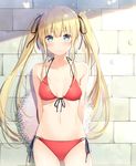  6u_(eternal_land) arms_behind_back bikini blonde_hair blue_eyes blush breasts closed_mouth collarbone cowboy_shot front-tie_bikini front-tie_top halterneck hat long_hair looking_at_viewer multi-strapped_bikini navel red_bikini saenai_heroine_no_sodatekata sawamura_spencer_eriri side-tie_bikini sidelocks small_breasts solo stone_wall straw_hat sun_hat swimsuit thigh_gap twintails very_long_hair wall 