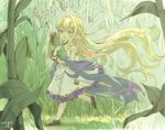  absurdly_long_hair ahoge bangle bangs blonde_hair bracelet carrying corn corn_field dated dress floating_hair food frilled_dress frills granblue_fantasy green_eyes harvin holding holding_food jewelry light_smile long_hair melissabelle motitoy no_nose no_pupils no_socks open_mouth outdoors plant pointy_ears running shawl shoes sleeveless sleeveless_dress strap_slip very_long_hair white_dress 