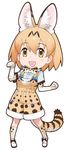  :d adapted_costume animal_ears blonde_hair bow bowtie elbow_gloves extra_ears eyebrows_visible_through_hair full_body gloves hair_between_eyes highres kemono_friends kneehighs looking_at_viewer official_art open_mouth paw_pose serval_(kemono_friends) serval_ears serval_print serval_tail shoe_bow shoes short_hair short_sleeves simple_background smile solo standing tail tv_tokyo white_background yoshizaki_mine 