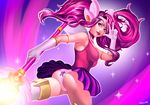 1girl ass breasts gloves highres league_of_legends looking_at_viewer luxanna_crownguard medium_breasts panties pantyshot pink_hair pose purple_eyes riot_games school_uniform serafuku skirt solo sparkle staff star_guardian_lux thighhighs twintails underwear upskirt white_panties 