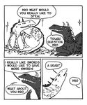 2014 absurd_res black_and_white cave chestopher coin comic dialogue dragon duo english_text feral floccinaucinihilipilification gold_(metal) hi_res horn male monochrome open_mouth scalie speech_bubble squadrick text treasure_hoard 