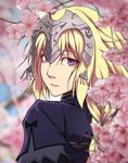  bad_id bad_pixiv_id blonde_hair braid cherry_blossoms fate/apocrypha fate_(series) headpiece jeanne_d'arc_(fate) jeanne_d'arc_(fate)_(all) lavender_eyes long_hair looking_at_viewer looking_back parted_lips qingchen_(694757286) single_braid solo 