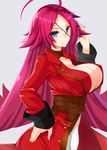  ahoge areola_slip areolae ashisi belt blue_eyes bouncing_breasts breasts center_opening coat facial_scar fate/extra fate_(series) francis_drake_(fate) hand_on_hip highres large_breasts long_hair long_sleeves looking_at_viewer pink_hair red_coat scar smile solo very_long_hair 