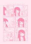  blush comic daidou_ayumu daidou_sayo eating full-face_blush hair_ornament hairclip highres jewelry long_hair mochi_au_lait monochrome multiple_girls necklace no_nose original pink short_hair siblings sisters sweatdrop translated 