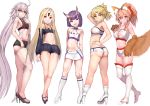  abigail_williams_(fate/grand_order) animal_ears ass bare_arms bare_shoulders blonde_hair boots breasts cleavage_cutout closed_mouth detached_sleeves eyebrows_visible_through_hair fang fate_(series) flat_chest fox_ears fox_tail full_body green_eyes high_heel_boots high_heels jeanne_d&#039;arc_(alter)_(fate) jeanne_d'arc_(alter)_(fate) lavender_hair legs long_hair looking_at_viewer medium_breasts midriff miniskirt mordred_(fate)_(all) multiple_girls navel oni_horns paws pink_hair ponytail purple_eyes purple_hair race_queen red_eyes short_hair short_shorts shorts shuten_douji_(fate/grand_order) sikijou77o simple_background skirt sleeveless small_breasts smile standing strapless tail tamamo_(fate)_(all) tamamo_no_mae_(fate) thigh_boots thighhighs very_long_hair white_background yellow_eyes 