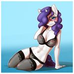  2017 absurd_res anthro anthrofied big_breasts blue_eyes blush border bra breasts captainpudgemuffin cleavage clothed clothing equine eyebrows eyelashes eyeshadow female friendship_is_magic hair hair_over_eye hi_res horn legwear lingerie long_hair looking_at_viewer makeup mammal my_little_pony pussy rarity_(mlp) solo thigh_highs translucent transparent_clothing underwear unicorn white_border 