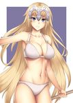  arciealbano bikini blonde_hair blue_eyes blush breasts fate/apocrypha fate/grand_order fate_(series) grin headpiece jeanne_d'arc_(fate) jeanne_d'arc_(fate)_(all) large_breasts long_hair looking_at_viewer navel smile solo swimsuit very_long_hair white_bikini 
