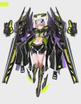  bike_shorts boots breasts cancell crop_top green_eyes halo headgear looking_at_viewer mecha_musume midriff multicolored_hair navel original school_uniform science_fiction serafuku short_hair silver_hair simple_background small_breasts solo two-tone_hair underboob 