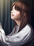  blush brown_eyes brown_hair cum_on_lips curtains facial indoors keisekisan licking_lips original shirt solo tongue tongue_out 