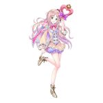  ankle_boots atelier_(series) atelier_meruru bangs bare_legs blue_eyes boots breasts cape commentary_request crown detached_sleeves dress eyebrows_visible_through_hair floral_print frills full_body kishida_mel leg_up medium_breasts merurulince_rede_arls open_mouth pink_hair ribbon short_dress skirt smile solo staff transparent_background white_bloomers yellow_skirt 