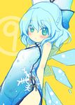  1girl alternate_costume bare_arms bare_shoulders blue_dress blue_eyes blue_hair blush braid china_dress chinese_clothes cirno colorized dress dutch_angle flat_color hair_ribbon ice ice_wings looking_at_viewer minamura_haruki parted_lips ribbon short_hair simple_background sketch snowflake_print solo touhou wings yellow_background 