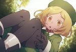  beret black_gloves black_legwear blonde_hair bob_cut coat fate/grand_order fate_(series) gloves green_coat hat norasame_(dagako) open_mouth pantyhose paul_bunyan_(fate/grand_order) short_hair solo tree yellow_eyes 