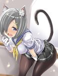  animal_ear_fluff animal_ears blue_eyes blush breasts bulbonne cat_ears cat_tail commentary_request covering covering_crotch drooling gloves grey_skirt hair_ornament hair_over_one_eye hairclip hamakaze_(kantai_collection) hand_to_own_mouth indoors kantai_collection large_breasts leaning_forward open_mouth pantyhose pee peeing peeing_self pleated_skirt school_uniform serafuku short_hair short_sleeves silver_hair skirt solo striped striped_skirt tail white_gloves 