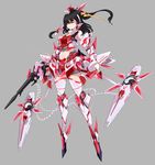  adapted_costume armor beam_rifle black_hair crossed_legs energy_gun full_body fusion glowing grey_background gun gundam gundam_unicorn hair_tubes hakurei_reimu headpiece highres long_hair mecha_musume ofuda raptor7 red_eyes shide shield simple_background standing touhou unicorn_gundam weapon yin_yang 